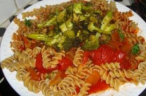 Whole Grain Pasta with Onion and Sausage Red Sauce and Broccoli